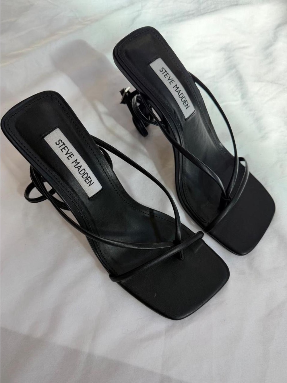 Steve Madden Black Strappy Square-Toe Mid-Heel Sandals